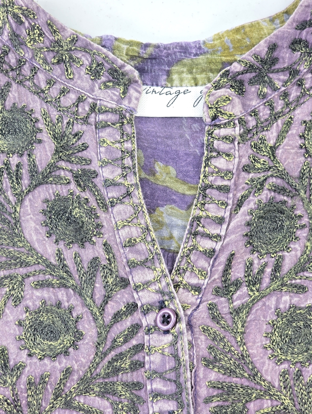 Vintage GOA Sheer Cotton Embroidered Floral Blouse Roll Tab Sleeves Size M - Picture 5 of 8